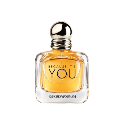 Emporio Armani Because It’s You Eau de Parfum 100ml clear glass perfume bottle with golden fragrance and silver cap on white background