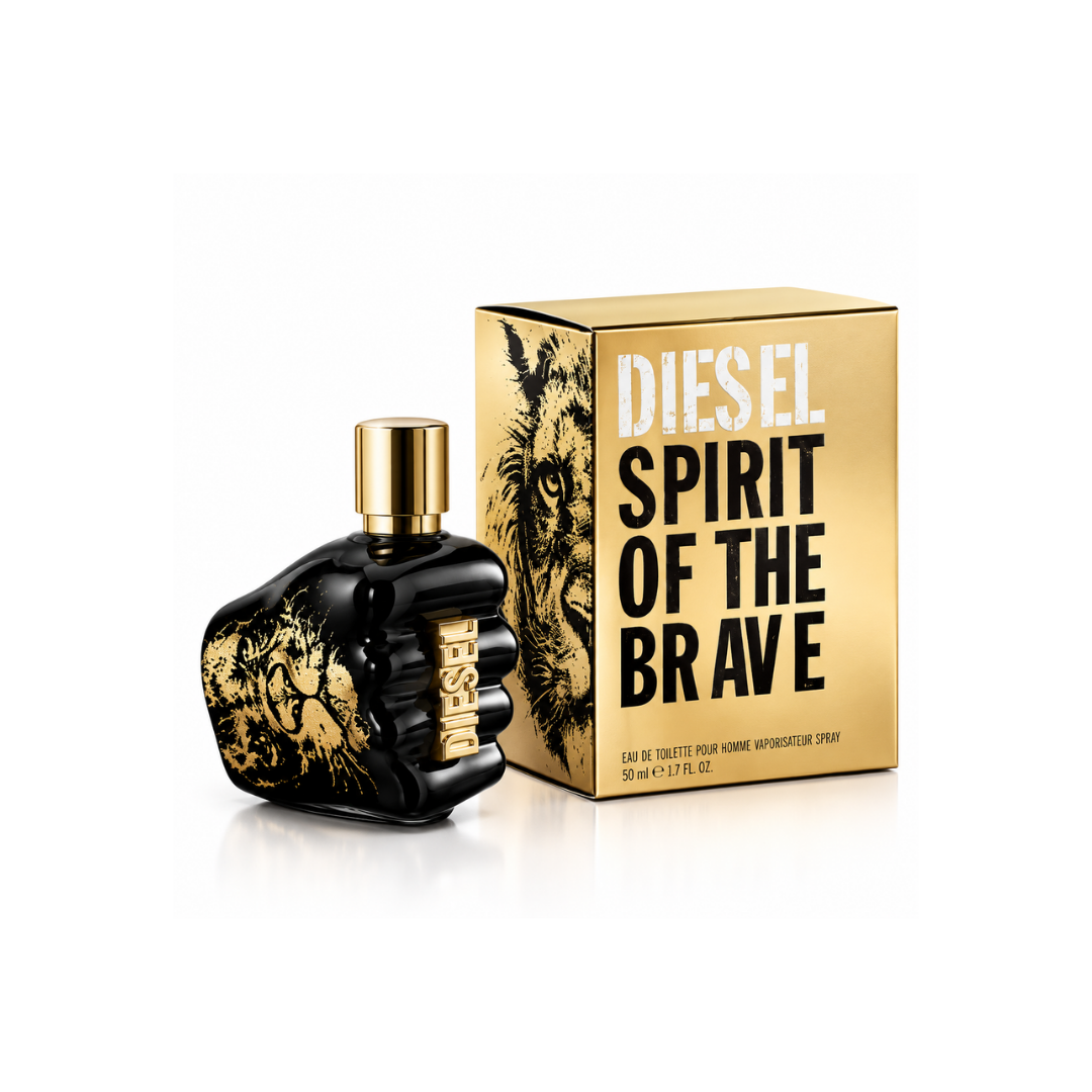 Diesel Spirit of the Brave Eau de Toilette 50ml black fist shaped bottle with gold lion design and gold presentation box