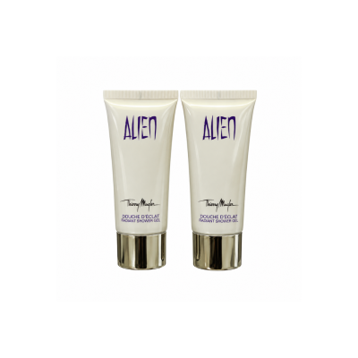 Thierry Mugler Alien Radiant Body Lotion 100ml and Radiant Shower Gel 100ml in matching cream tubes with metallic caps on white background