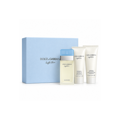 Dolce & Gabbana Light Blue women's gift set with 50ml Eau de Toilette, body cream and shower gel displayed beside pale blue presentation box