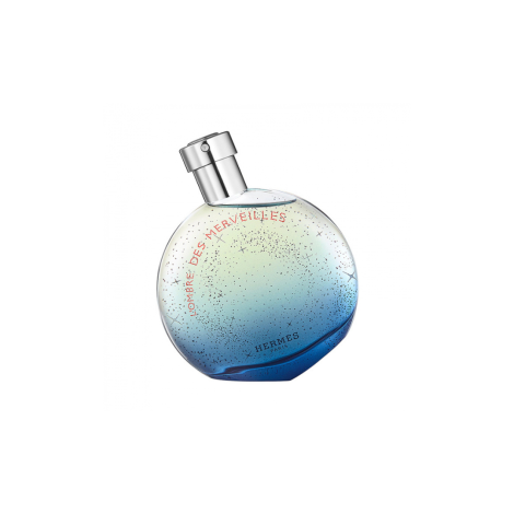 Hermès L’Ombre des Merveilles Eau de Parfum 100ml round blue gradient perfume bottle with silver spray and star detailing on white background