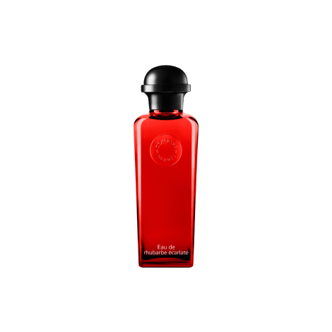 Hermès Eau de Rhubarbe Écarlate Eau de Cologne 100ml scarlet red rectangular fragrance bottle with rounded black cap on white background