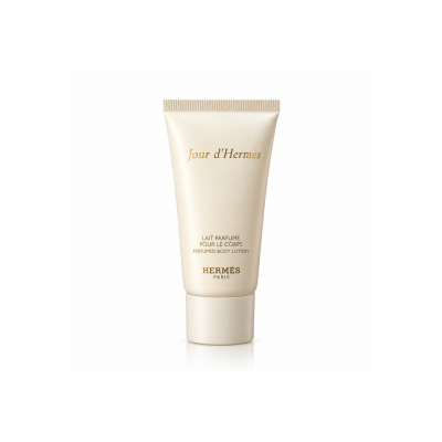 Hermès Jour d’Hermès Perfumed Body Lotion 30ml in ivory cream tube with gold lettering on white background