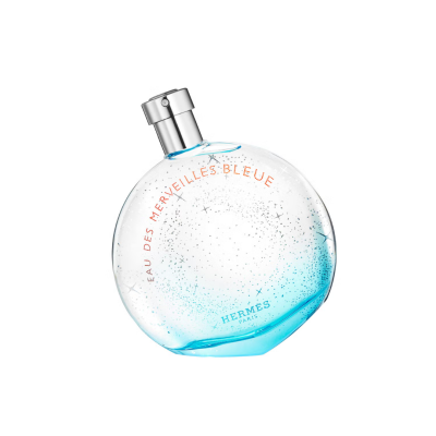 Hermès Eau des Merveilles Bleue Eau de Toilette round clear perfume bottle with turquoise blue base and silver spray on white background