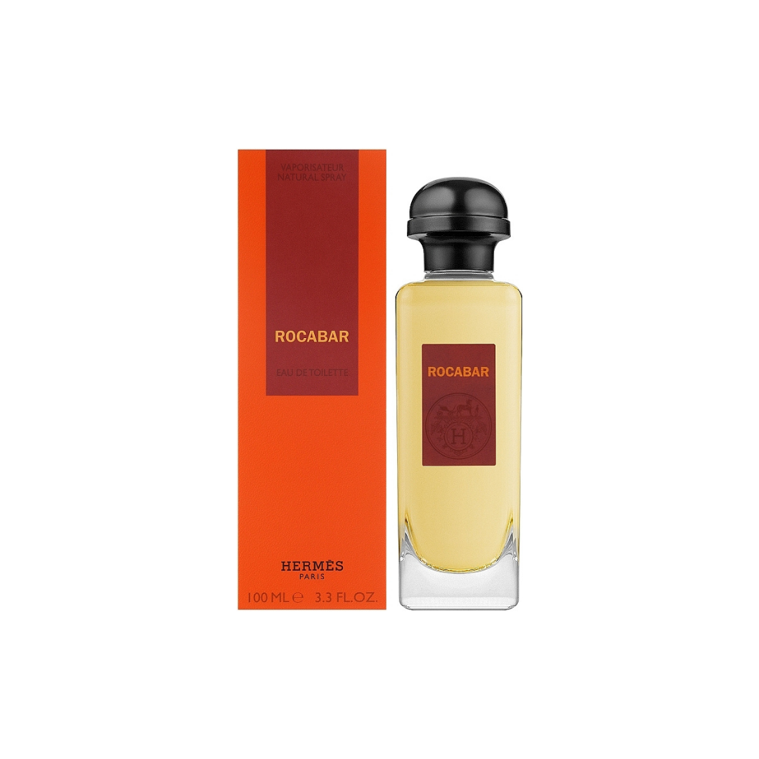 Hermès Rocabar Eau de Toilette 100ml fragrance bottle displayed beside its orange and black presentation box