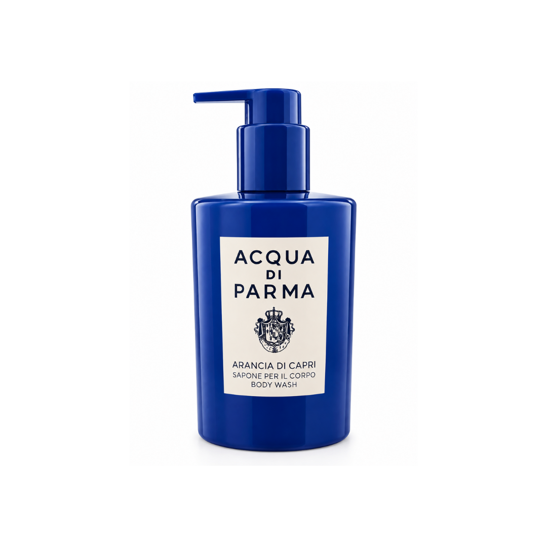 Acqua di Parma Arancia di Capri Body Wash 300ml cobalt blue pump bottle with cream label on white background