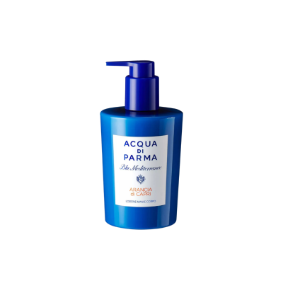Acqua di Parma Blu Mediterraneo Arancia di Capri Body Lotion 300ml blue pump bottle with white and orange front label on white background