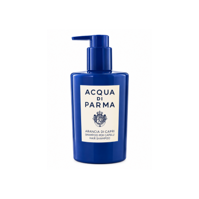 Acqua di Parma Arancia di Capri Hair Shampoo 300ml cobalt blue pump bottle with cream front label on white background