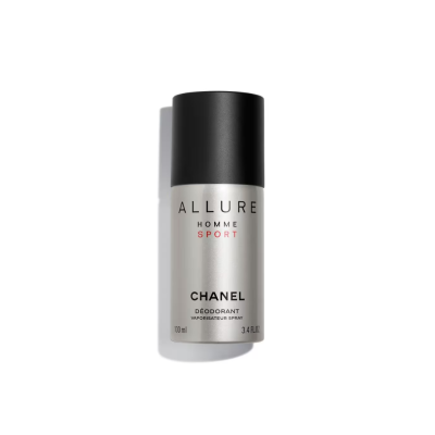 CHANEL ALLURE HOMME SPORT Deodorant Spray 100ml silver bottle with black cap on white background
