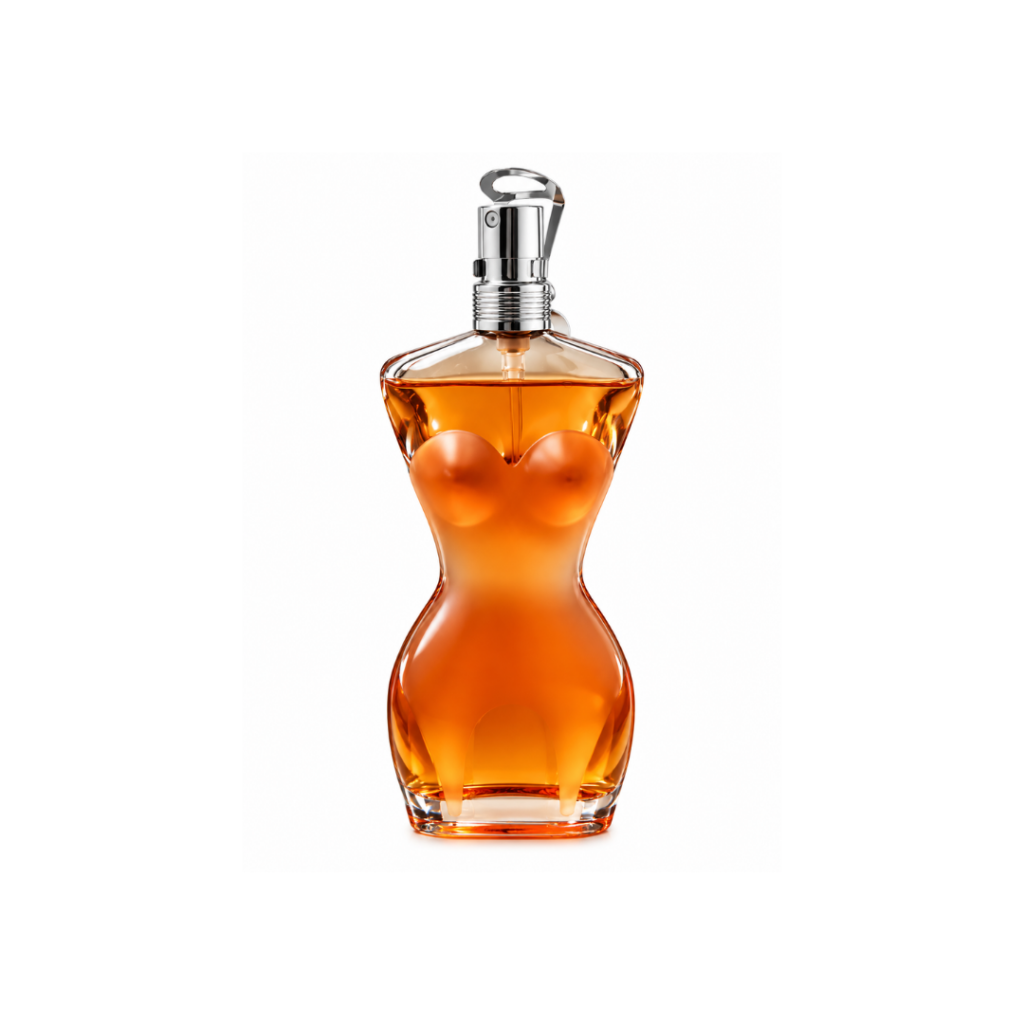 Jean Paul Gaultier Classique Eau de Toilette 50ml female torso shaped perfume bottle with amber fragrance on white background