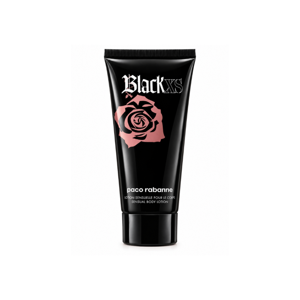 Paco Rabanne Black XS Sensual Body Lotion 75ml black tube with pink rose design on white background