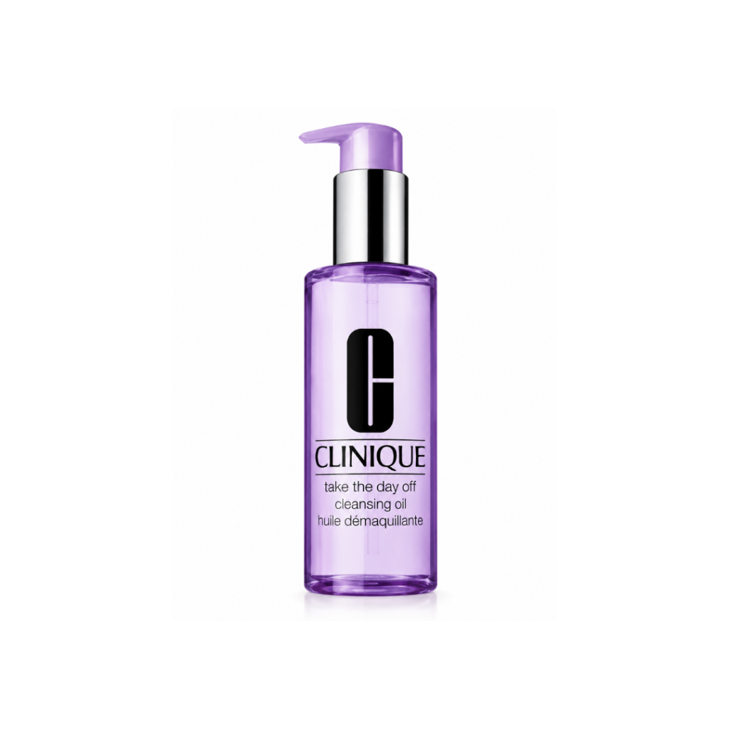 Clinique Take The Day Off Cleansing Oil 200ml transparent purple bottle with lavender pump dispenser and black Clinique logo on white background
