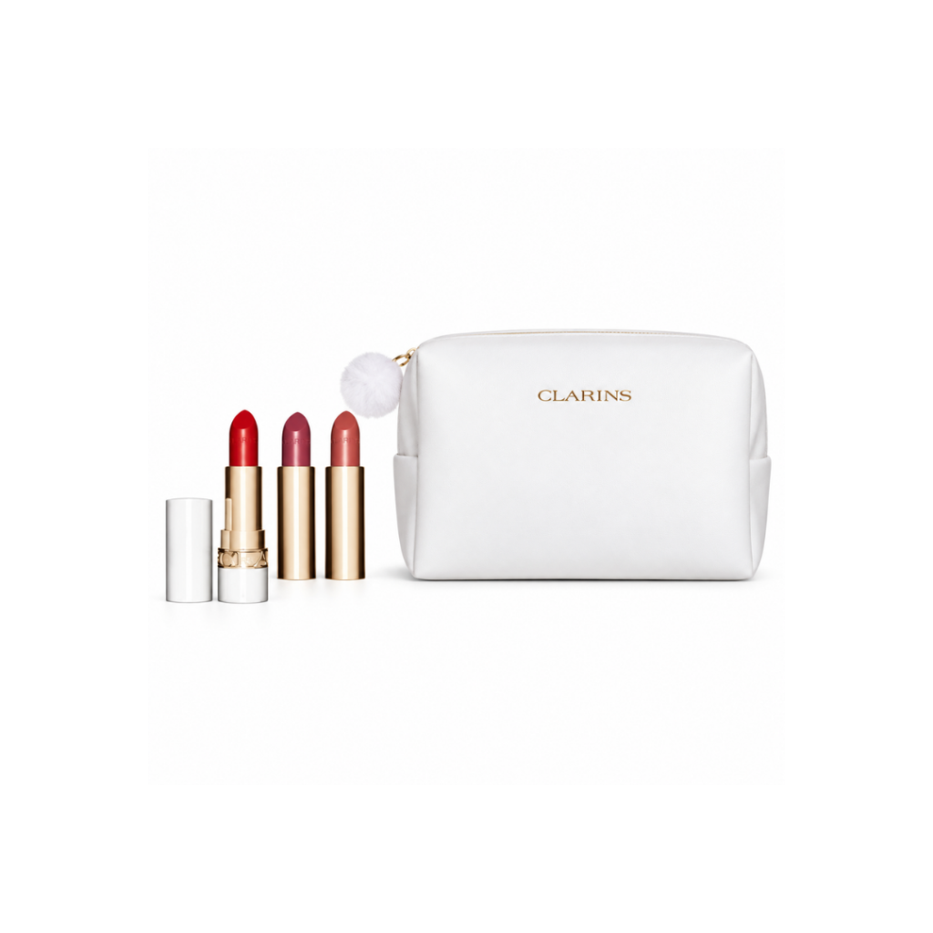 Clarins Joli Rouge Collection Gift Set with three lipsticks in shades 742 Joli Rouge, 705 Soft Berry and 732 Grenadine with white Clarins cosmetic bag