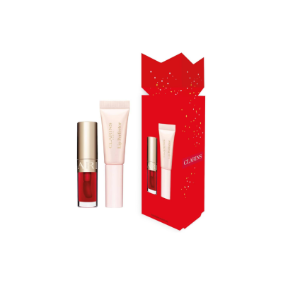 Clarins Lip Duo Christmas Cracker gift set with Lip Comfort Oil 08 Strawberry and Lip Perfector in red festive packaging